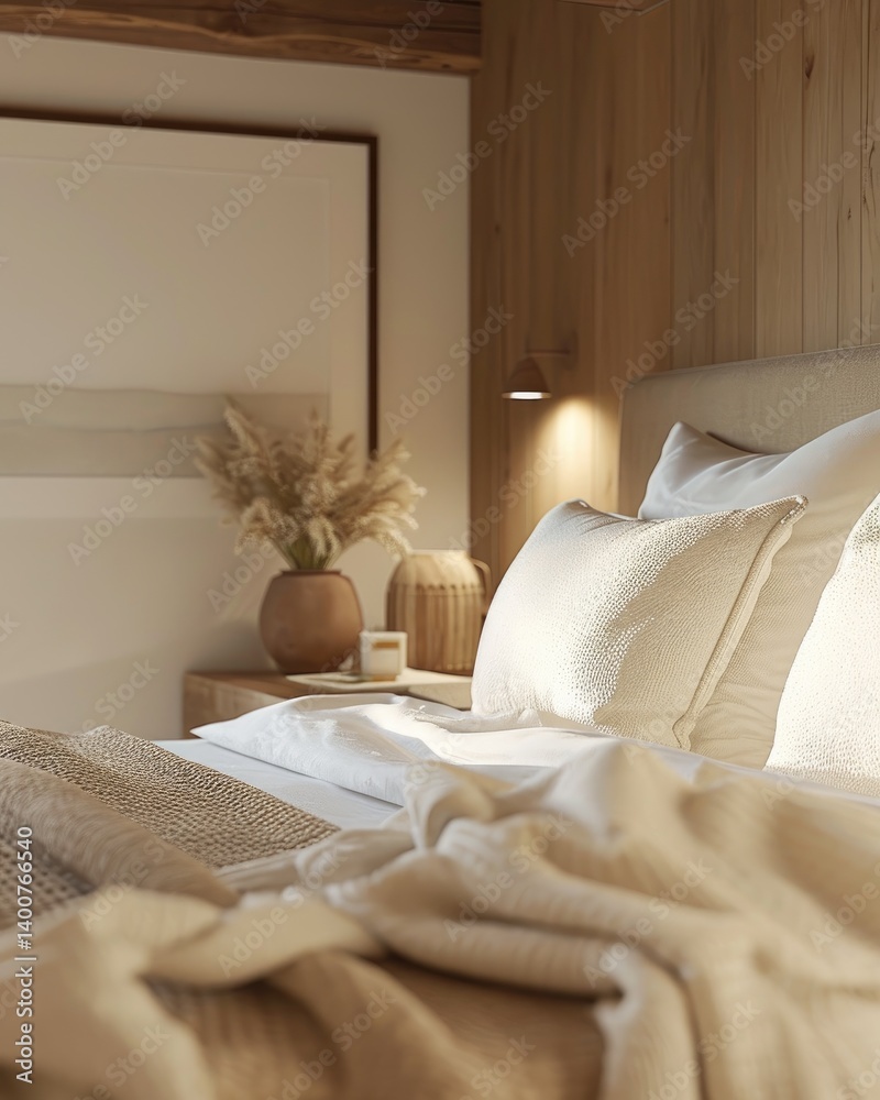 Serene Bedroom Decor Neutral Tones Soft Textures With a Wooden Headboard and Nightstand.