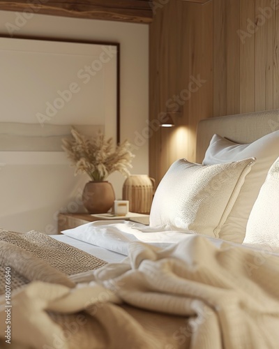 Obraz na płótnie Serene Bedroom Decor Neutral Tones Soft Textures With a Wooden Headboard and Nightstand. w salonie