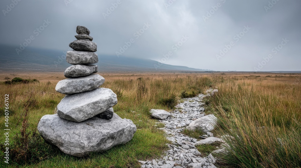 Stacked rocks on a rural hiking trail across wild grassland under cloudy skies
