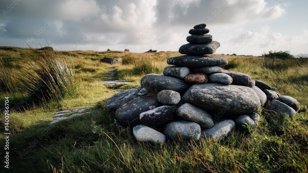 Large cairn of smooth boulders on grassy plain at sunset for outdoor lifestyle theme
