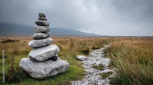 Obraz na płótnie Stacked rocks on a rural hiking trail across wild grassland under cloudy skies w salonie