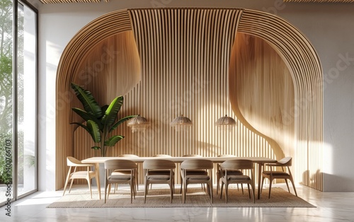 Obraz na płótnie Modern dining room with a stunning wooden wall with arched design elements w salonie