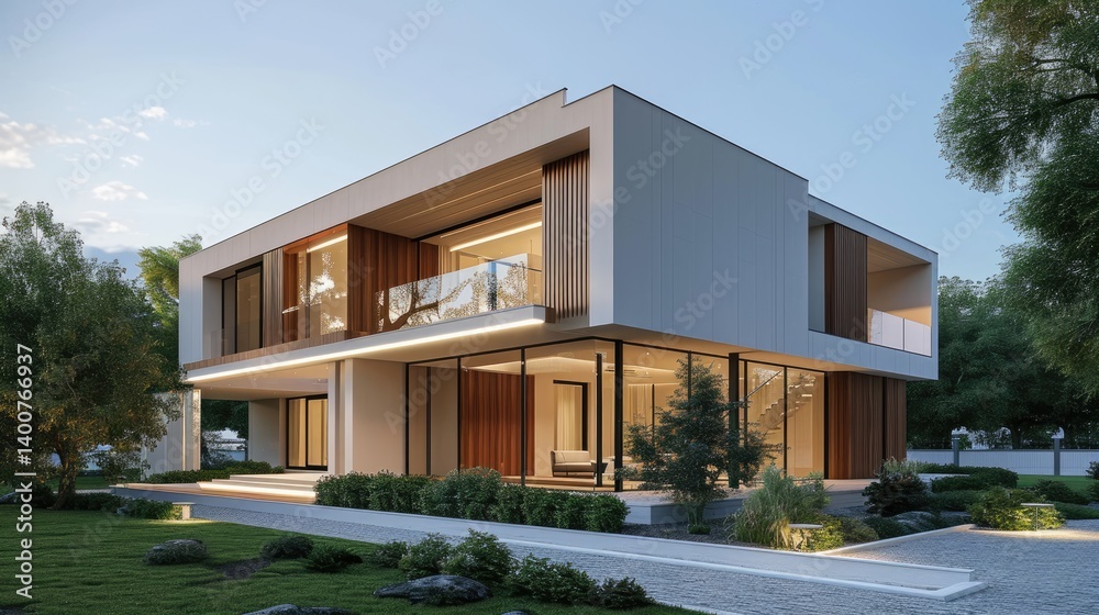 Modern Two Story House With Expansive Windows And Landscaping