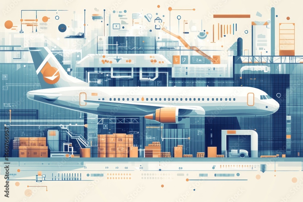 Fototapeta premium Airplane at airport hangar, logistics and maintenance, modern industrial background