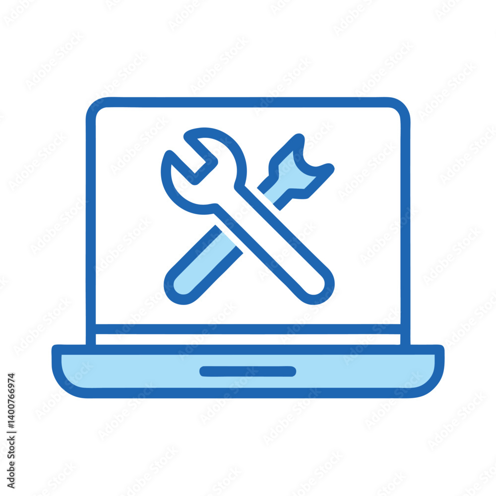 Line Art Laptop with Wrench Icon for Repair Concept Line Art Laptop with Wrench Icon for Repair Concept