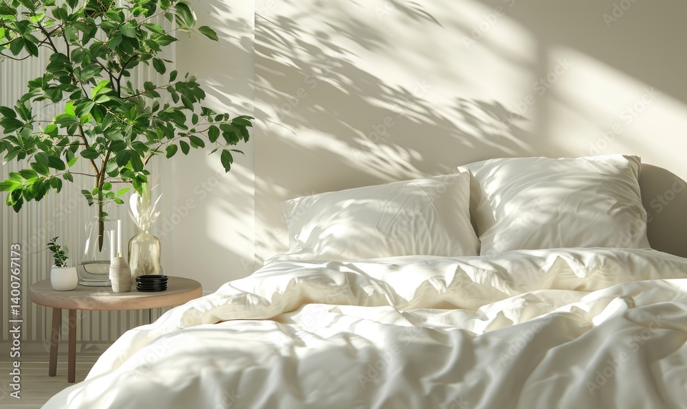 Minimalist bedroom with a neatly made white bed bathed in sunlight alongside a small side table with a green plant