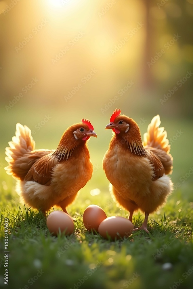 Fototapeta premium Two reddish-brown chickens stand near a couple of brown eggs in a grassy field bathed in the warm