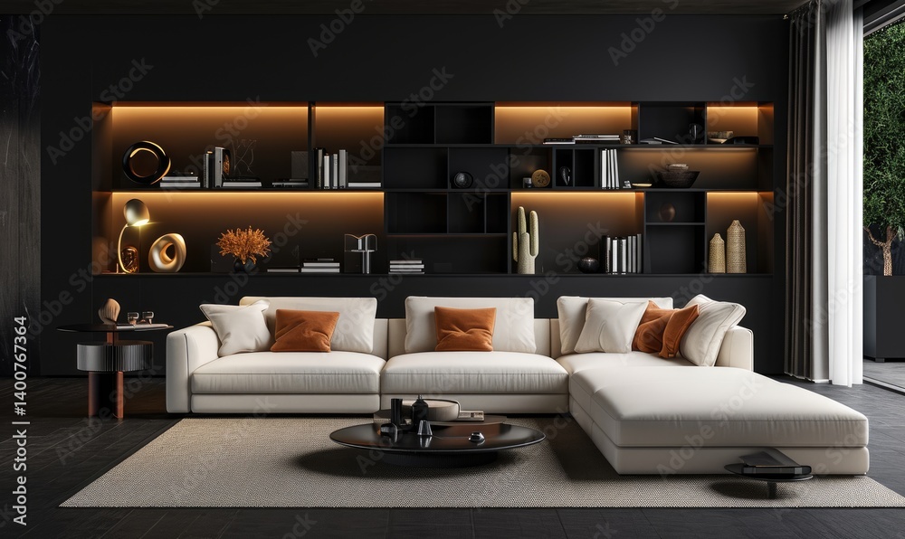 Modern Living Room With Sectional Sofa And Illuminated Shelving Background
