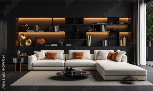 Obraz na płótnie Modern Living Room With Sectional Sofa And Illuminated Shelving Background w salonie