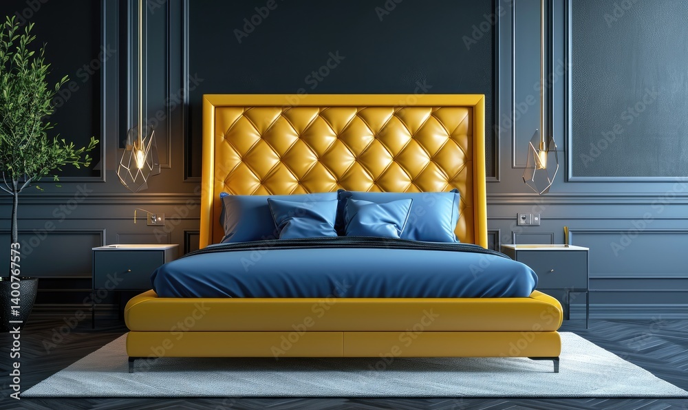 Modern bedroom with yellow leather bed with blue bedding and matching nightstands