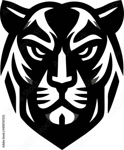 Black and white stylized illustration of a tiger's face with bold lines and sharp angles.