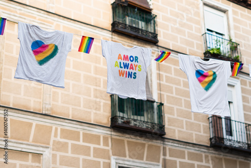 Rainbow flag and t-shirts celebrating pride month hanging on clothesline photo