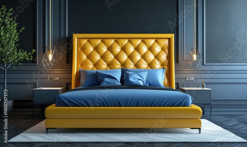 Modern bedroom with yellow leather bed with blue bedding and matching nightstands