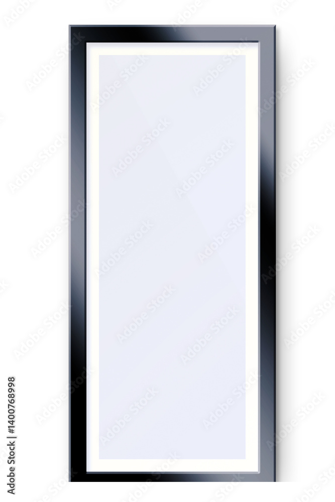 A tall, rectangular mirror with a sleek black frame, designed for reflection and interior decoration. A tall, rectangular mirror with a sleek black frame, designed for reflection and interior decoration.