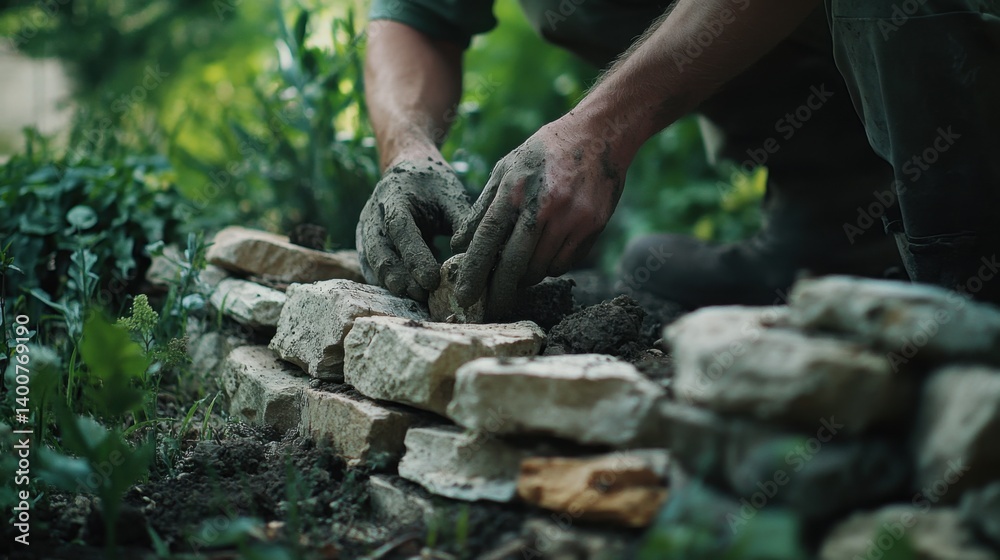 Mason building a stone wall in a garden. Featuring craftsmanship and precision Mason building a stone wall in a garden. Featuring craftsmanship and precision