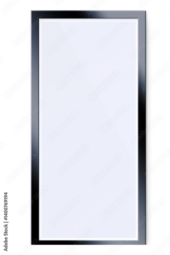 A simple rectangular mirror with a sleek black frame, reflecting light and surroundings. A simple rectangular mirror with a sleek black frame, reflecting light and surroundings.