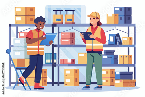 Vector image of warehouse workers organizing packages on shelves using barcode scanners