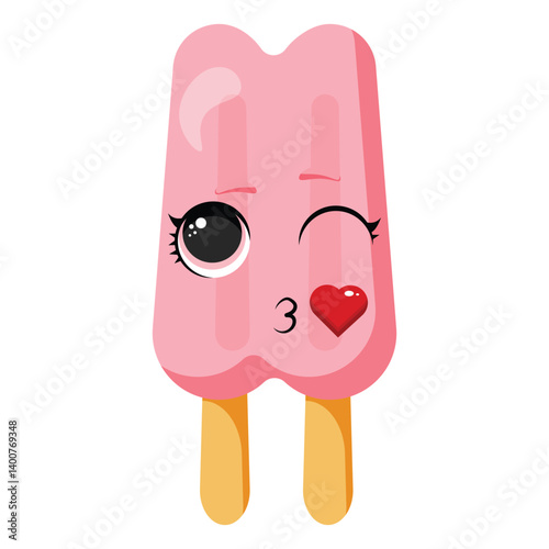 Pink popsicle with kissy face and heart on stick Adorable summer treat perfect for kids menus, sweet-themed branding, packaging and playful seasonal content