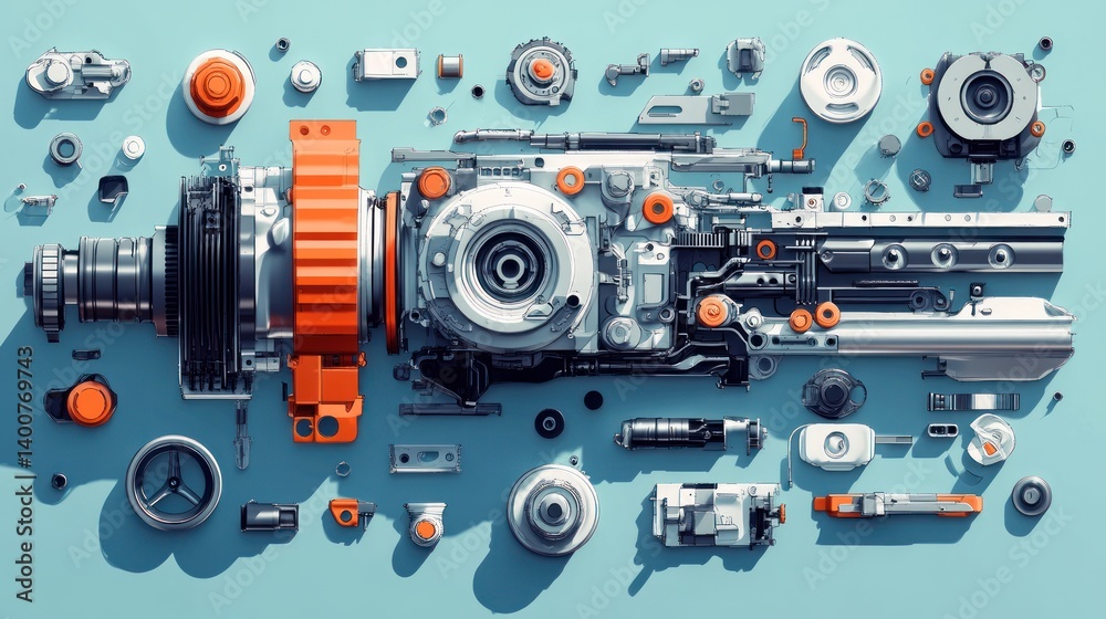 Engine components, disassembled, flat lay, engineering background, for technical illustrations Engine components, disassembled, flat lay, engineering background, for technical illustrations