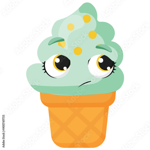 Unhappy mint ice cream with sad face and waffle cone Perfect for dessert-related designs, packaging, emotional branding, summer treats, and creative food visuals