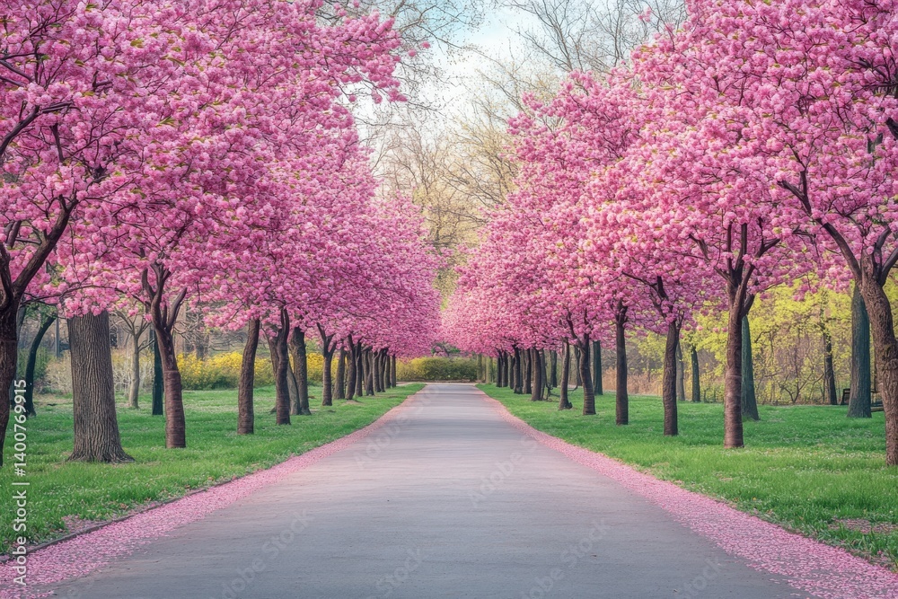 Pathway lined with blooming trees and pink petals on the ground view Pathway lined with blooming trees and pink petals on the ground view