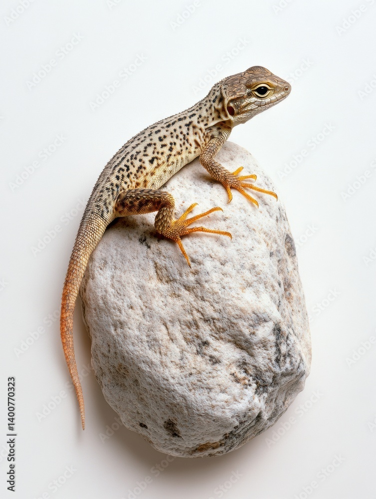 Colorful lizard resting on a textured rock against a white background with a subtle drop shadow