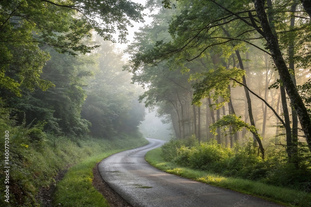Obraz premium Misty Winding Road through Green Forest