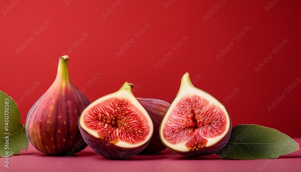 Vivid organic figs rest elegantly on a bold red background, creating a striking contrast and inviting focus on the simplicity of natural beauty. Ample copy space adds creative versatility. Vivid organic figs rest elegantly on a bold red background, creating a striking contrast and inviting focus on the simplicity of natural beauty. Ample copy space adds creative versatility.
