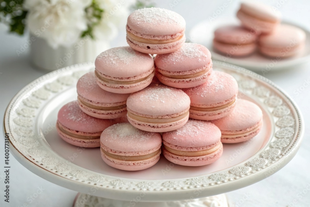 Elegant pink macarons arranged in a stylish tower on a decorative plate with soft floral background Elegant pink macarons arranged in a stylish tower on a decorative plate with soft floral background