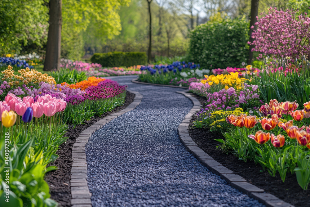Obraz premium Pathway lined with colorful tulips winding through a vibrant spring garden, under a clear blue sky.
