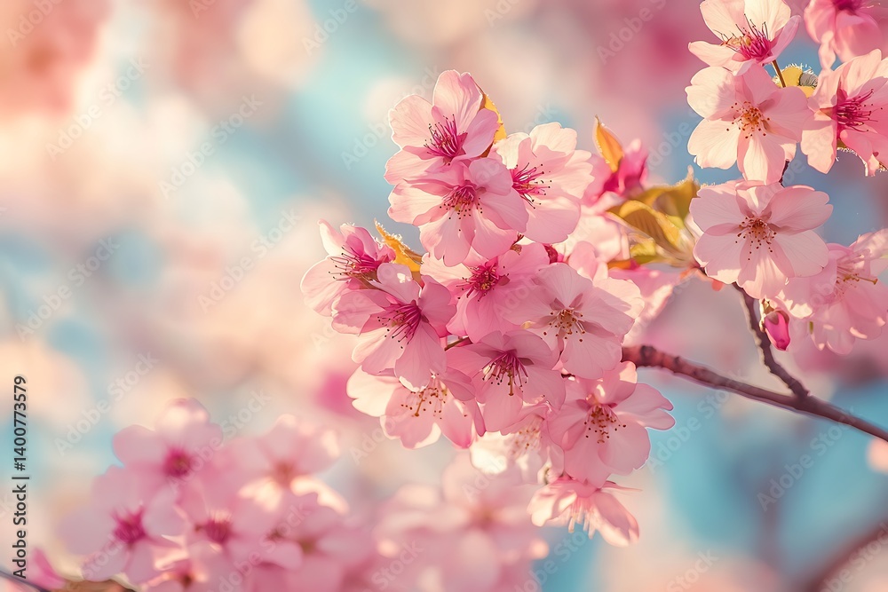 Dreamy Pink Cherry Blossoms Bloom in Spring Sunshine, Soft Floral Background Dreamy Pink Cherry Blossoms Bloom in Spring Sunshine, Soft Floral Background