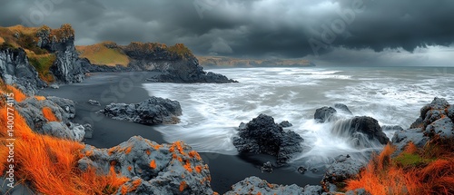 Volcanic rock formations, black sand beach, dramatic coastline, stormy sky, wide angle.