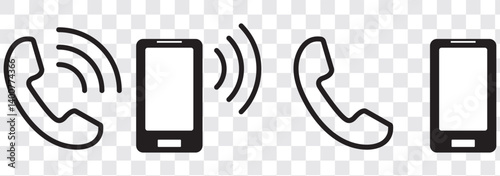 Ringing phone icon set. Telephone call sign. Smartphone ringing symbol on Transparent background. Vector illustration