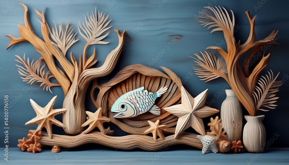 coastal themed decorations with driftwood fish and starfish motifs coastal themed decorations with driftwood fish and starfish motifs