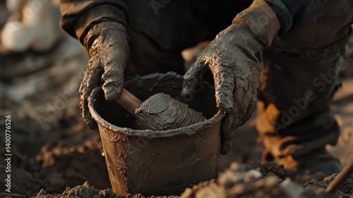 Mason mixing mortar for bricklaying at a construction site. Featuring skill and strength