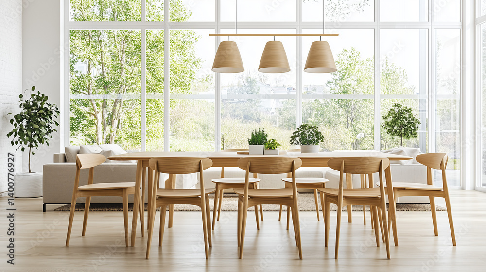 Modern Dining Area with Wooden Table and Pendants