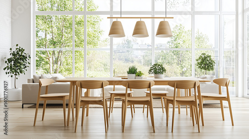 Obraz na płótnie Modern Dining Area with Wooden Table and Pendants w salonie