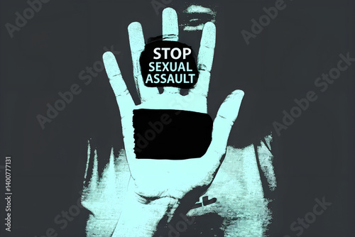Dark background, glowing hand silhouette, stop sexual assault message, high contrast, eerie atmosphere, black and teal color scheme, awareness poster, dramatic lighting, social issue, graphic design, 