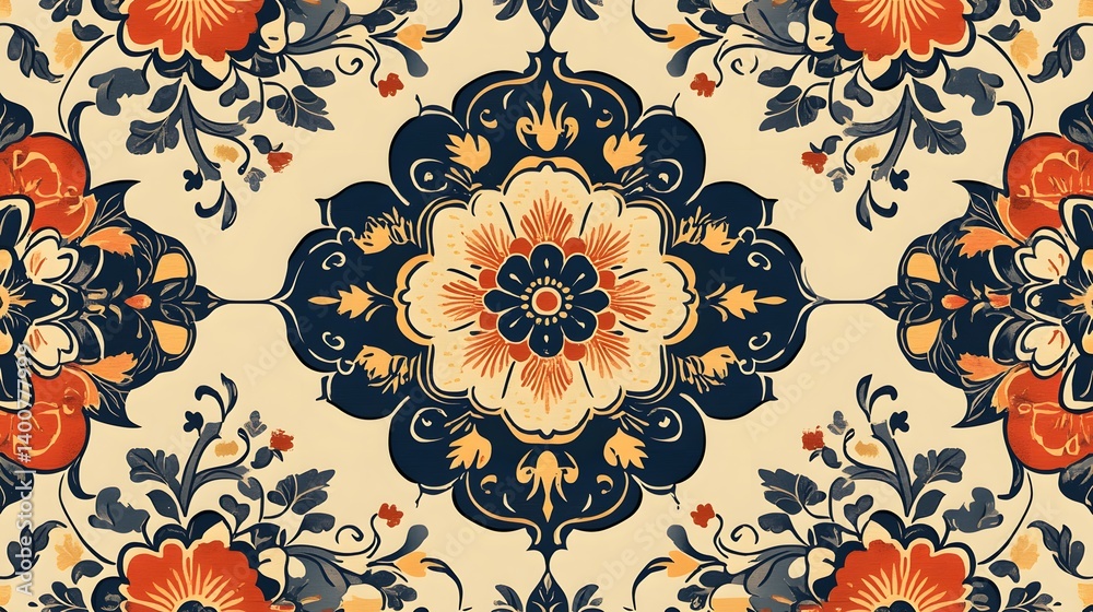 ภาพประกอบสต็อก there is a floral pattern with orange and blue flowers ...