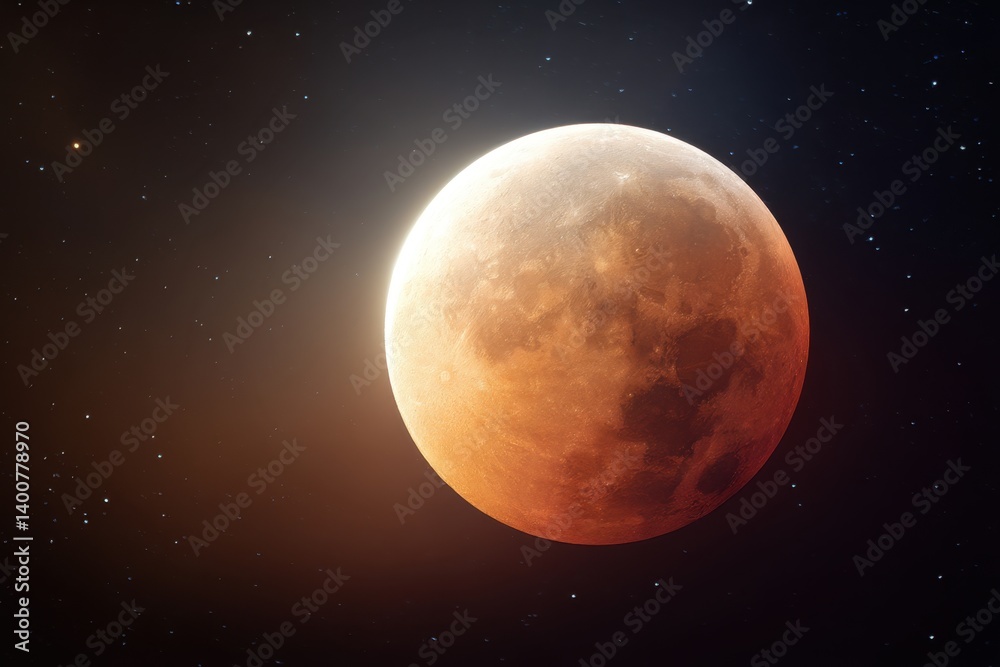 Obraz premium A vibrant, reddish-orange lunar eclipse dominates the night sky, casting an ethereal glow over the tranquil landscape below.