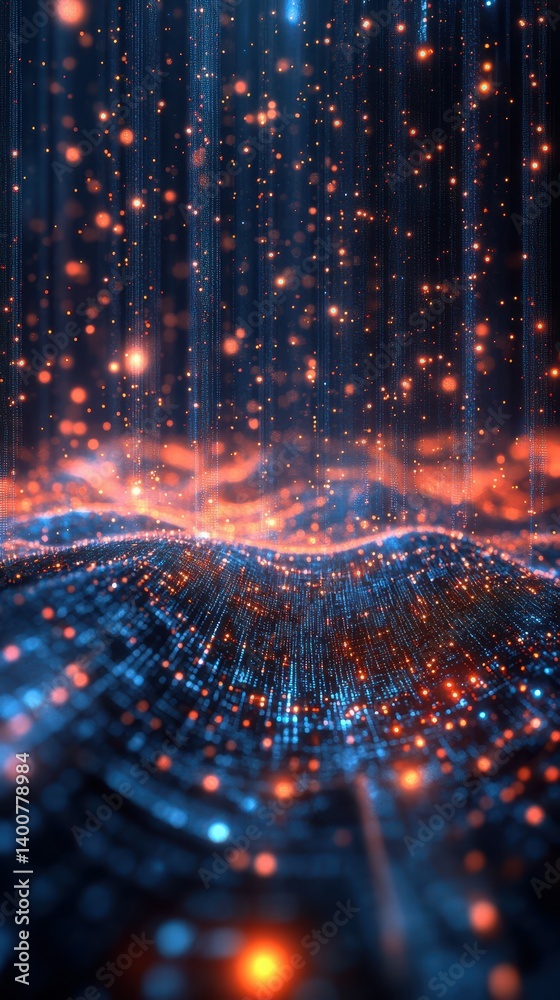 Colorful particles cascade over a digital landscape at night creating a mesmerizing effect