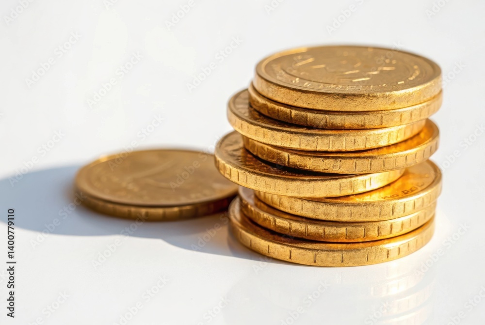 Pile of Shiny Gold Coins Stacked Neatly on a Smooth White Surface with Bright Reflections Pile of Shiny Gold Coins Stacked Neatly on a Smooth White Surface with Bright Reflections
