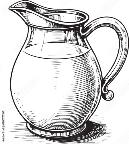 Milk Jug Black and White Vector Illustration, Sketch Drawing Line Linear Symbol Icon Engraving, Hand-drawn Isolated