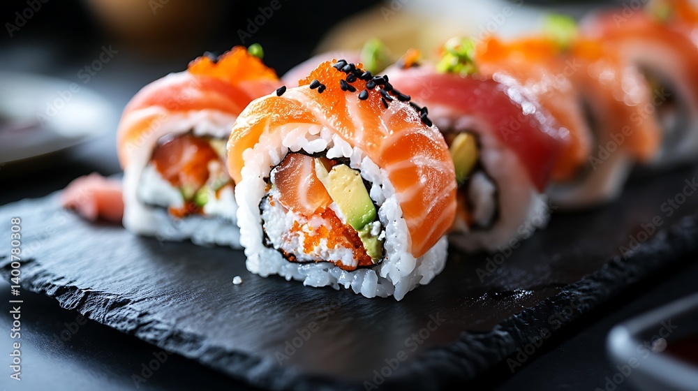 Salmon Sushi Rolls with Avocado and Tobiko Roe on Slate Plate Closeup View Salmon Sushi Rolls with Avocado and Tobiko Roe on Slate Plate Closeup View