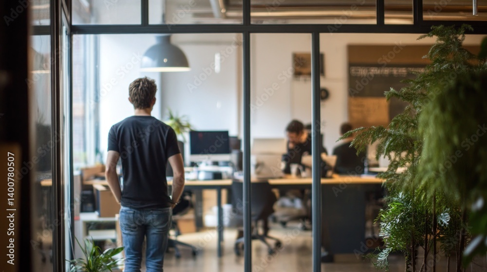 Man Contemplating in Modern Office Space Man Contemplating in Modern Office Space