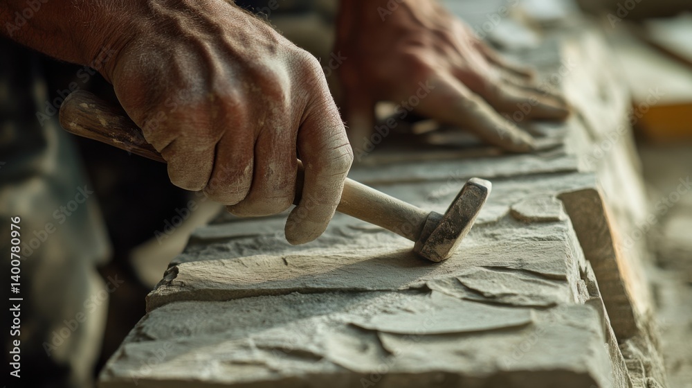 Mason using a hammer and chisel to carve stone. Featuring craftsmanship and detail Mason using a hammer and chisel to carve stone. Featuring craftsmanship and detail