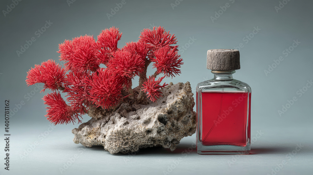 Red coral branch with marine essence bottle for premium ocean-inspired product campaign