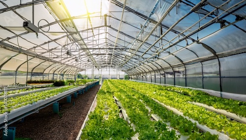 modern aquaponic farming inside a polyhouse with thriving green crops
