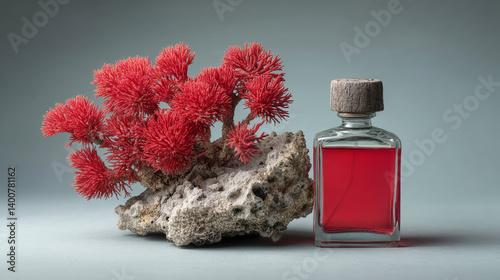 Obraz na płótnie Red coral branch with marine essence bottle for premium ocean-inspired product campaign w salonie