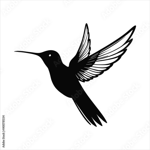 A flying hummingbird silhouette vector illustration shows a small bird in flight, a vector design representing nature and wildlife with its distinct wing and beak silhouette- vector, illustration, bir